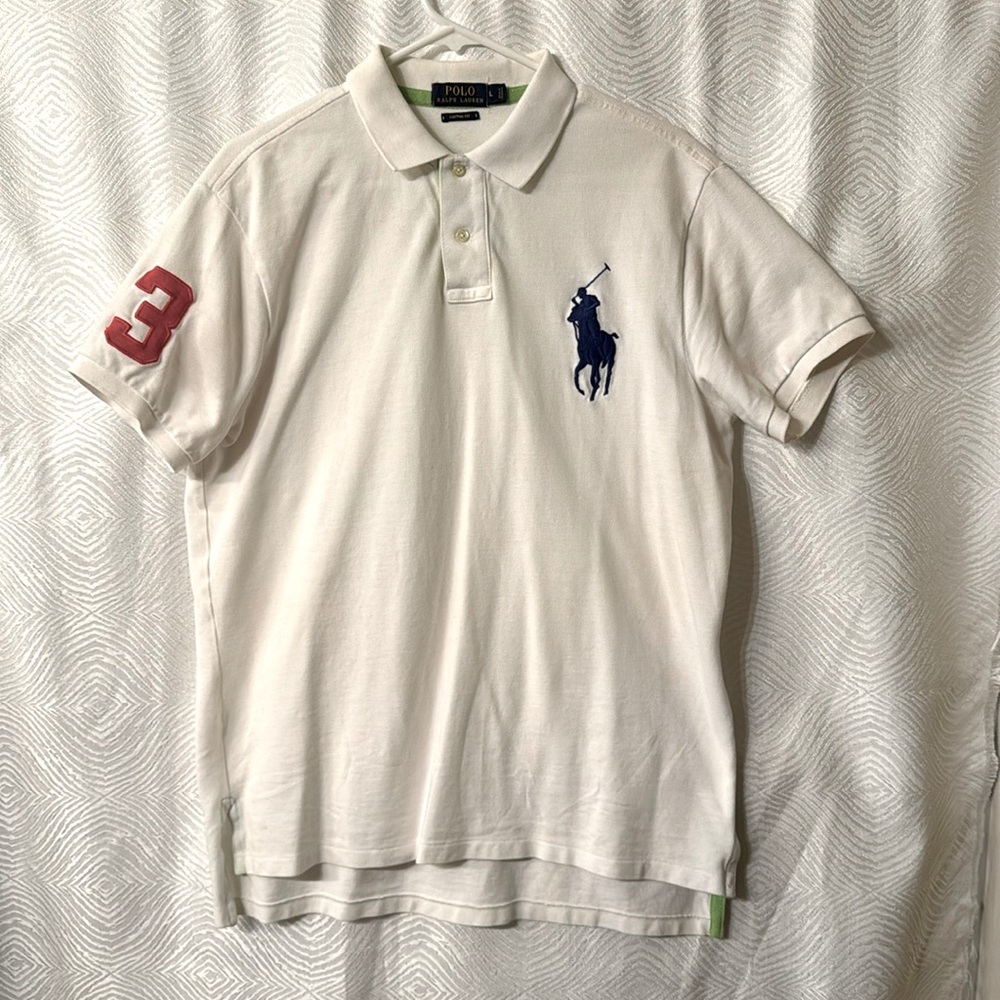 Polo Ralph Lauren, white and orange, large purple logo left lapel, polo